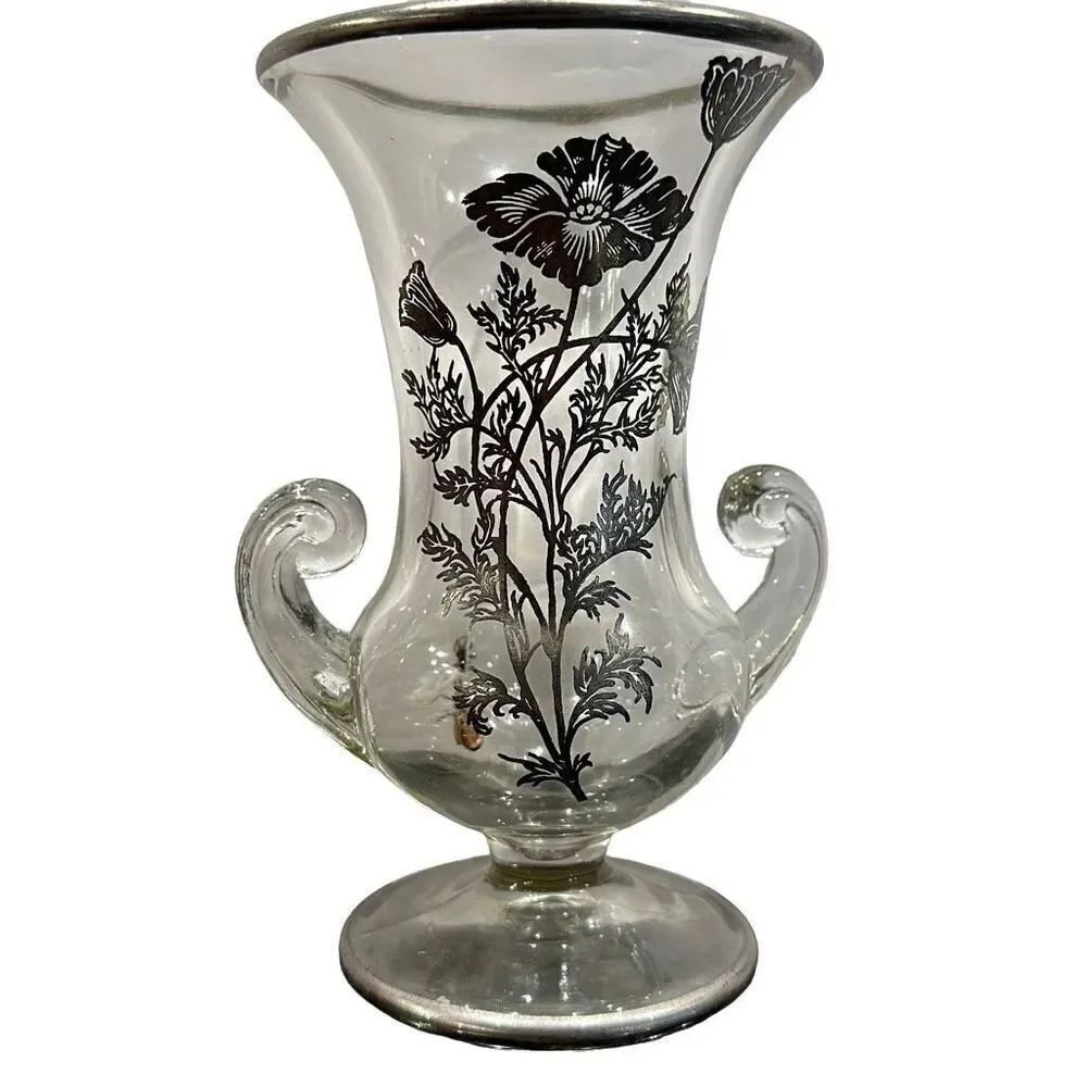 Silver City Footed Double handle Vase with applied Silver Floral 
Flanders Patt